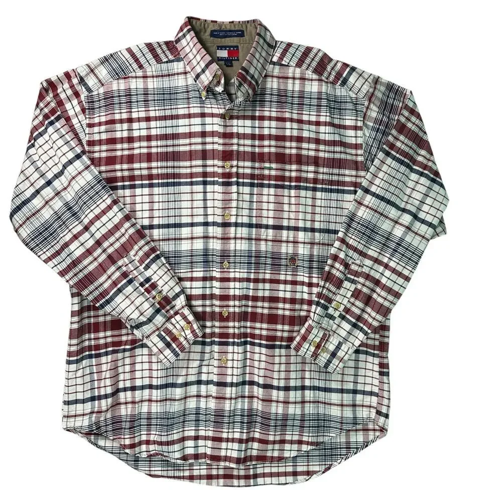 Vintage Tommy Hilfiger Plaid Button Down Shirt 90s Mens  Lrg Embroidered Crest‎